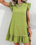 Flutter Shoulder Mini Dress With Ruffle Hem - Green