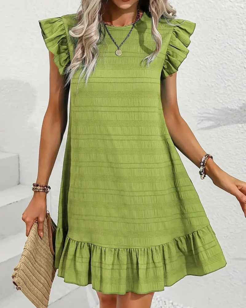 Flutter Shoulder Mini Dress With Ruffle Hem - Green - 1