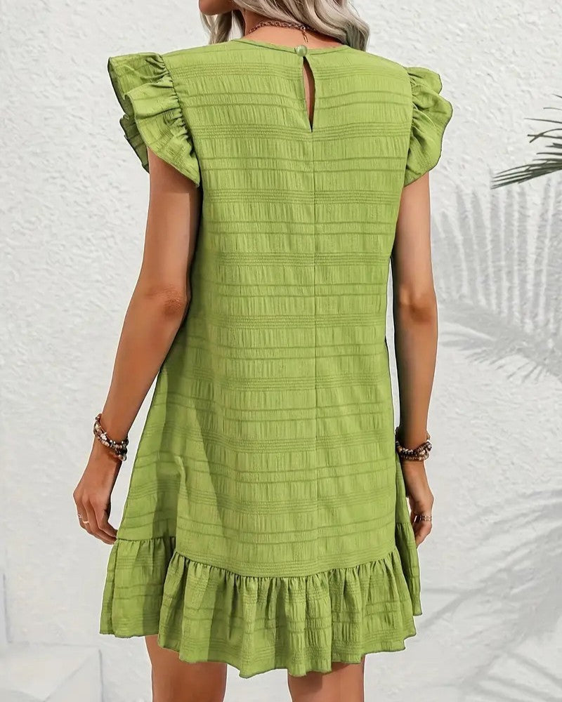 Flutter Shoulder Mini Dress With Ruffle Hem - Green - 2