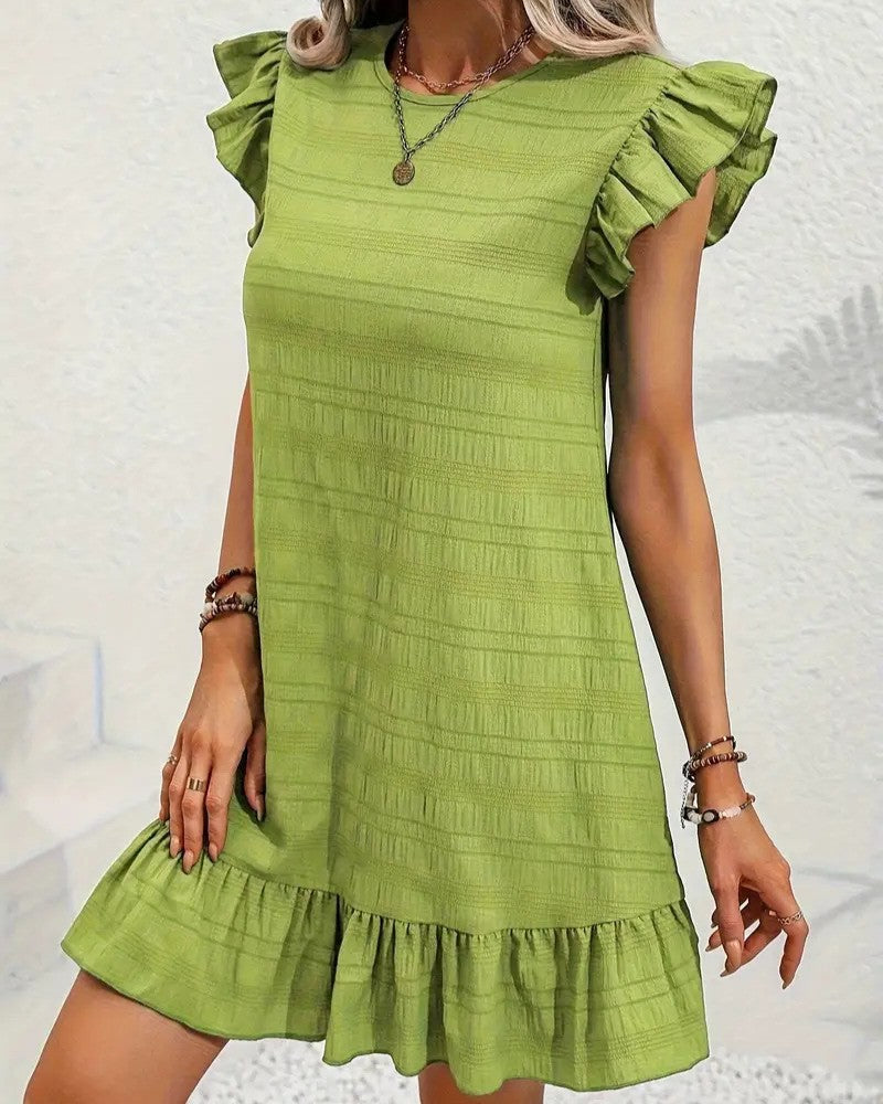 Flutter Shoulder Mini Dress With Ruffle Hem - Green - 3
