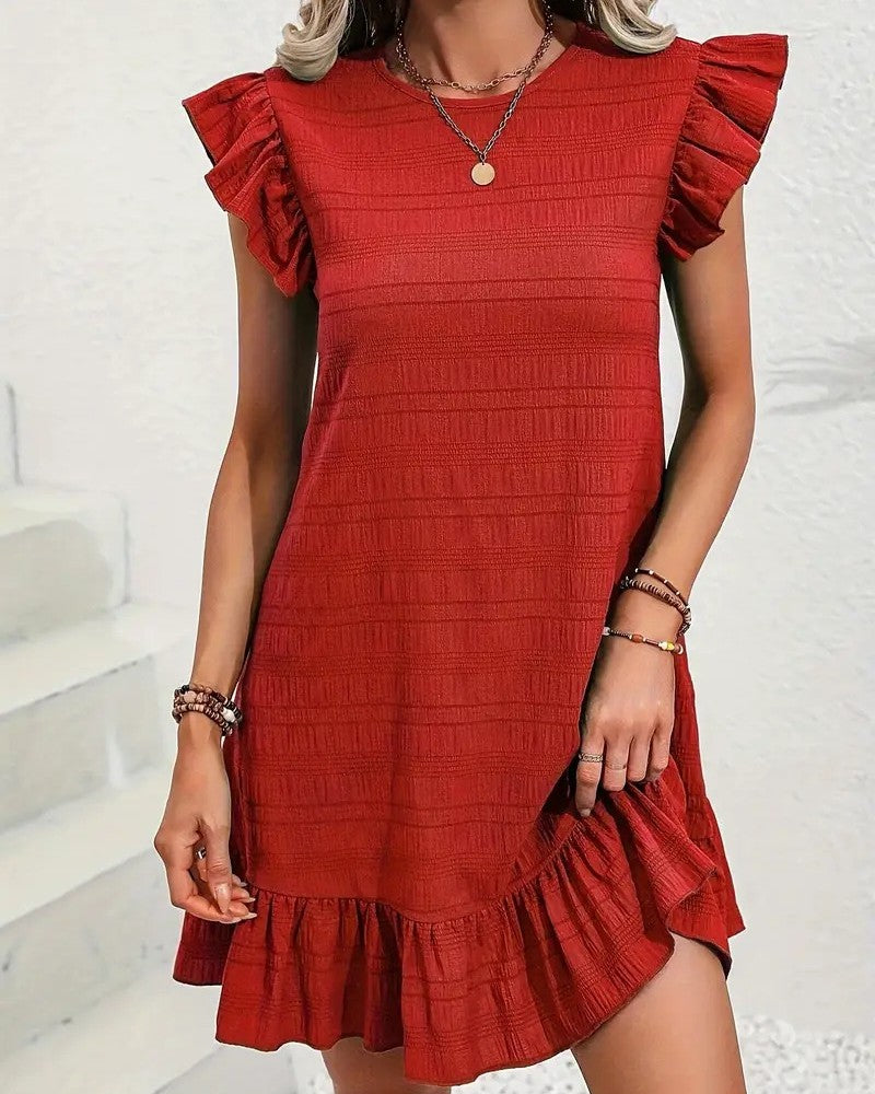 Flutter Shoulder Mini Dress With Ruffle Hem - Wine-Red