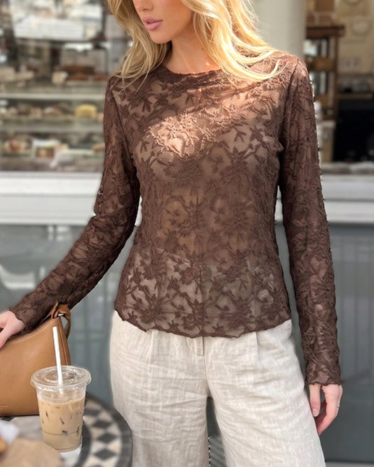 Sheer Floral Lace Long Sleeve Crew Neck Blouse - Coffee - 1