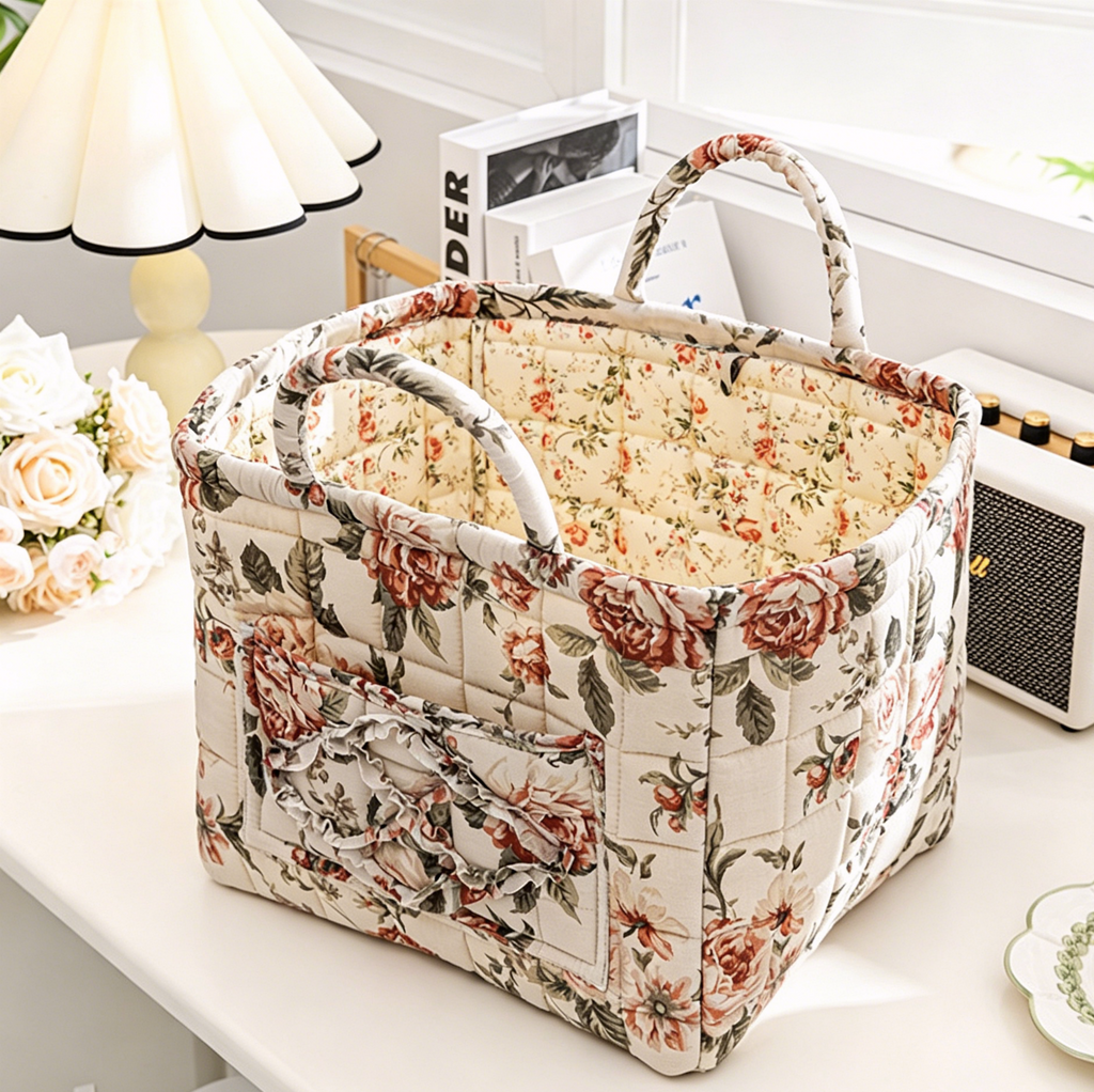 Quilted Floral Tote with Side Pockets - DWhite