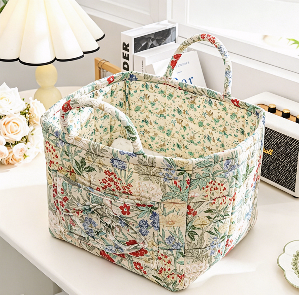 Quilted Floral Tote with Side Pockets - Teal