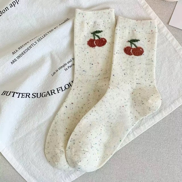 Embroidered Motif Speckled Crew Socks - Cherry