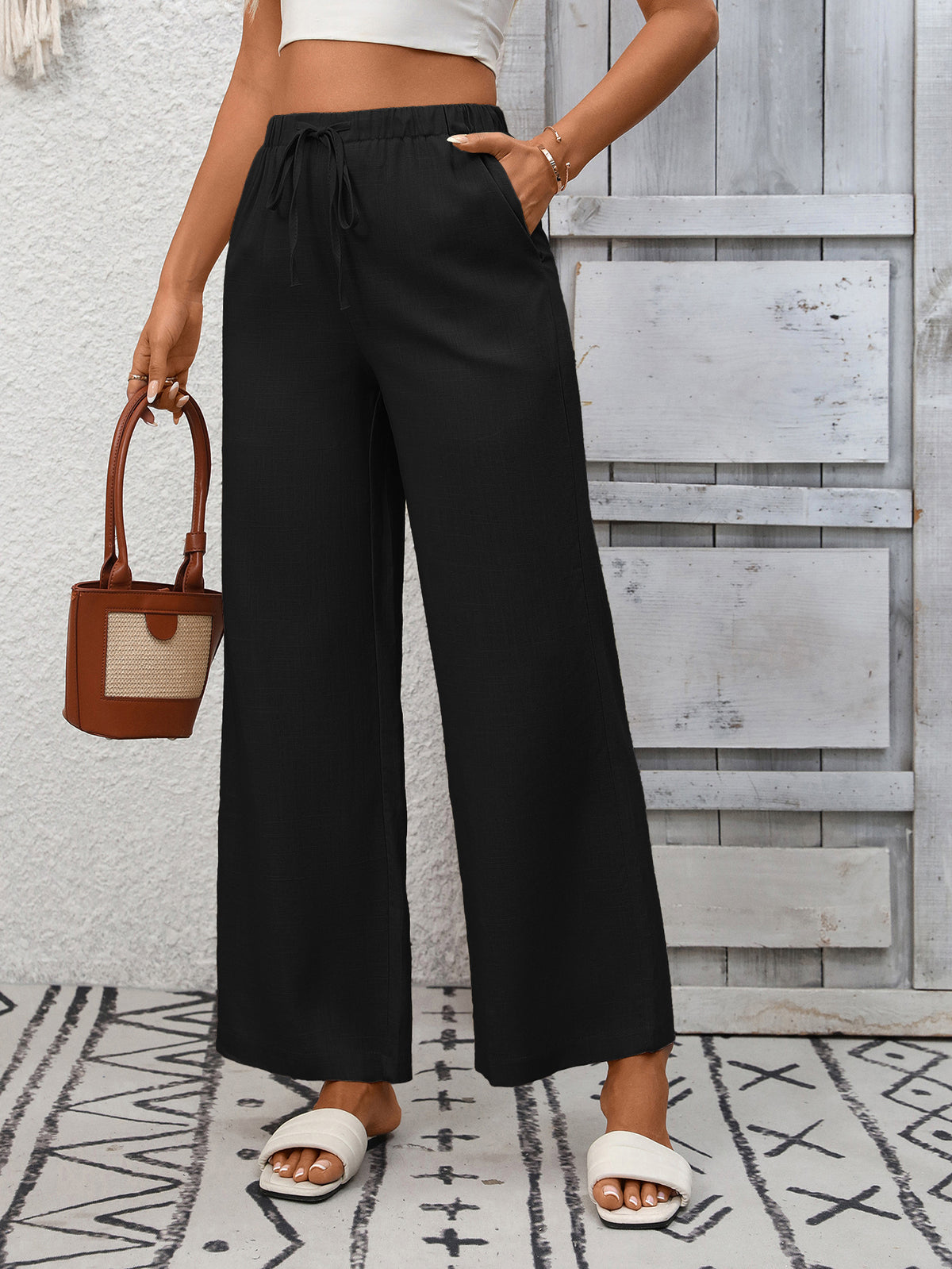 Linen Blend High Waist Wide Leg Trousers - Black