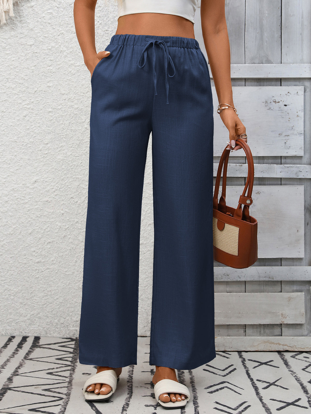 Linen Blend High Waist Wide Leg Trousers - Navyblue