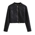 Distressed Faux Leather Snap Collar Cropped Moto Jacket - Black