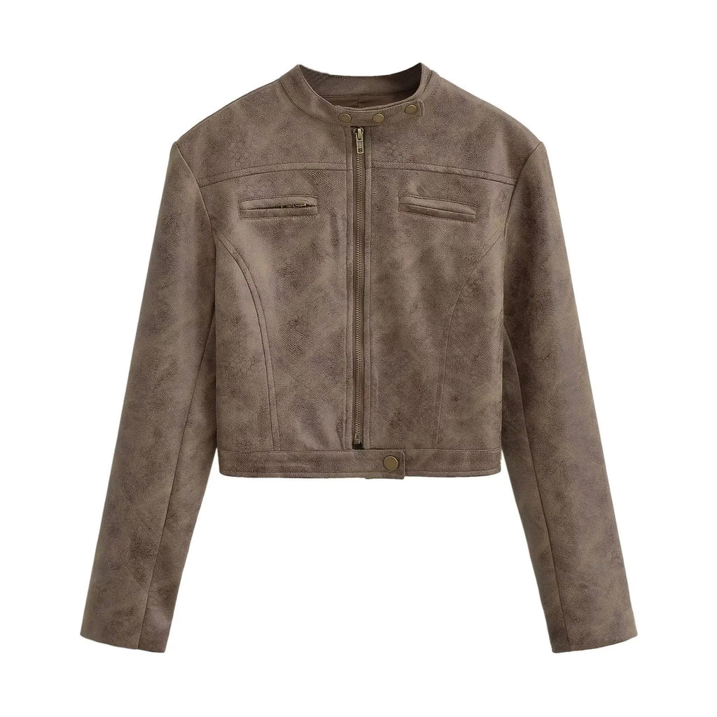 Distressed Faux Leather Snap Collar Cropped Moto Jacket - Mocha