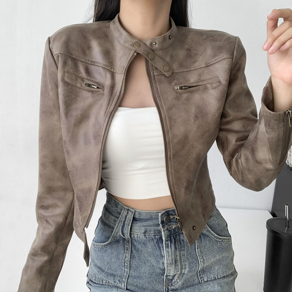 Distressed Faux Leather Snap Collar Cropped Moto Jacket