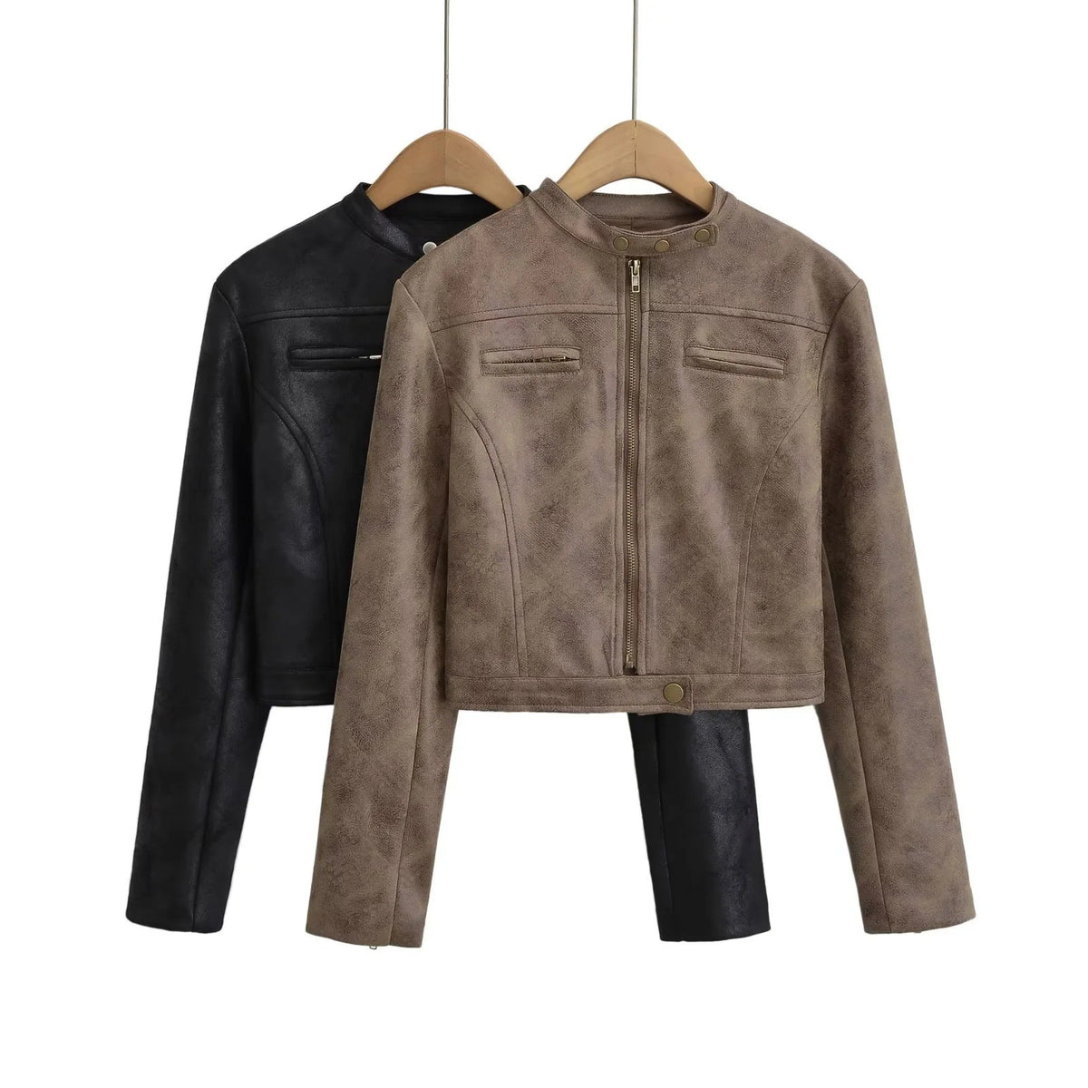 Distressed Faux Leather Snap Collar Cropped Moto Jacket
