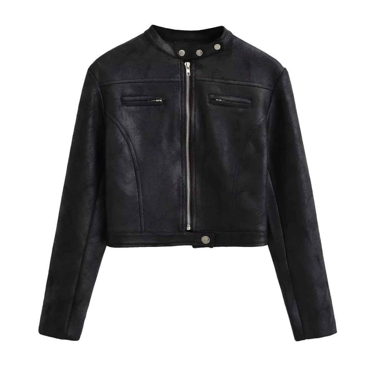 Distressed Faux Leather Snap Collar Cropped Moto Jacket