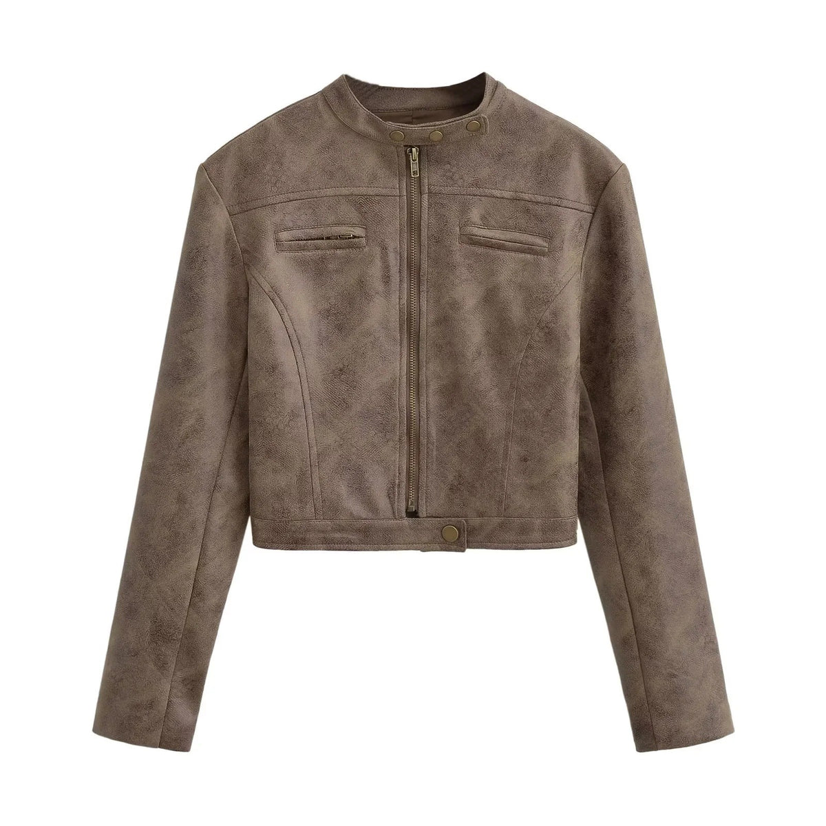 Distressed Faux Leather Snap Collar Cropped Moto Jacket
