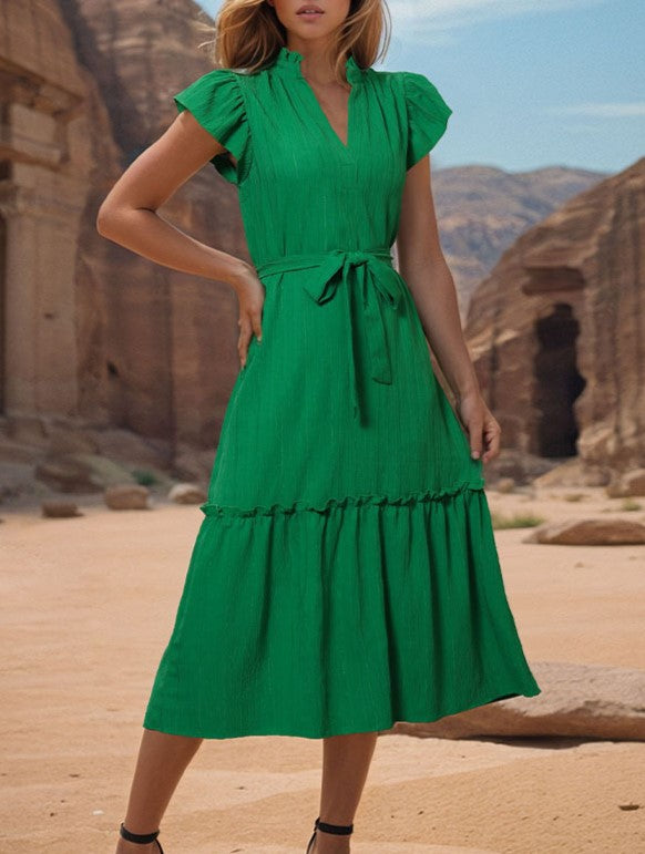 Flutter Sleeve Tie Waist Tiered Midi Dress - Green