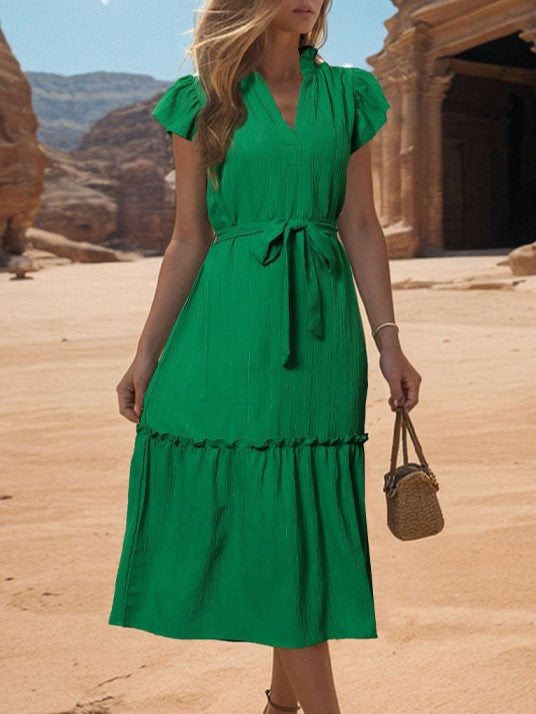 Flutter Sleeve Tie Waist Tiered Midi Dress - Green - 1