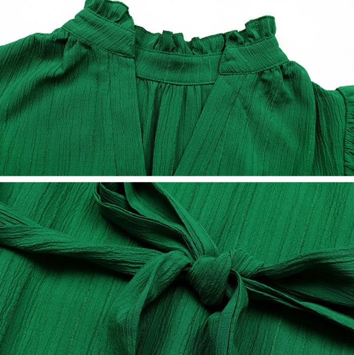 Flutter Sleeve Tie Waist Tiered Midi Dress - Green - 4