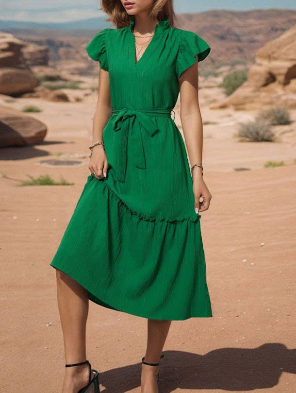 Flutter Sleeve Tie Waist Tiered Midi Dress
