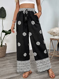 Printed Border Wide Leg Drawstring Pants - Black