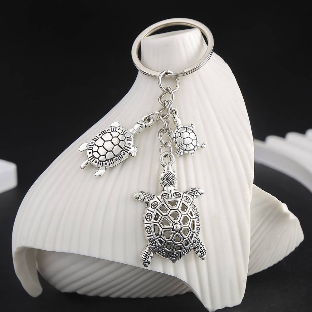 Vintage Silver Tone Turtle Charm Keychain