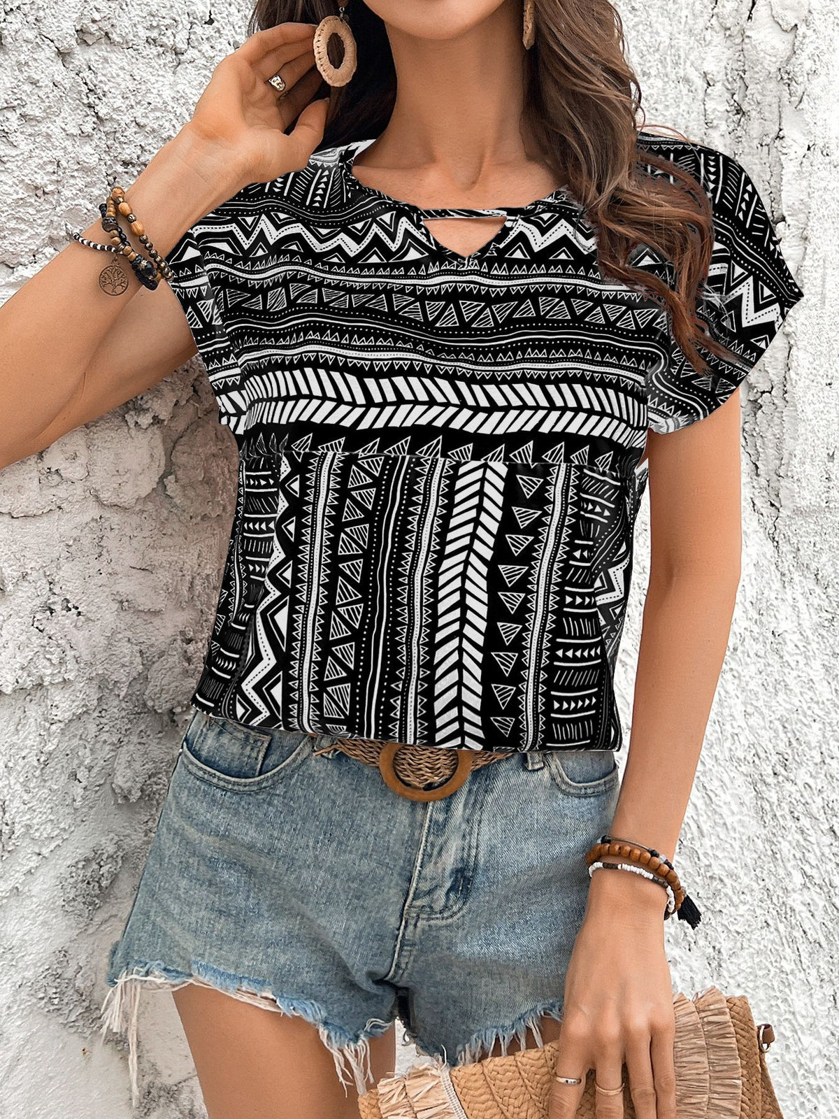 Southwestern Geometric Print Keyhole Neck Top - Black - 1