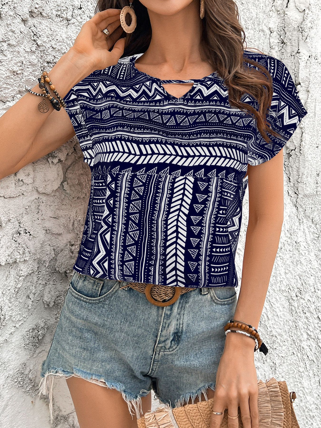 Southwestern Geometric Print Keyhole Neck Top - DarkBlue - 1