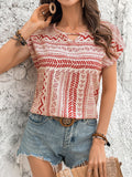 Southwestern Geometric Print Keyhole Neck Top - Red