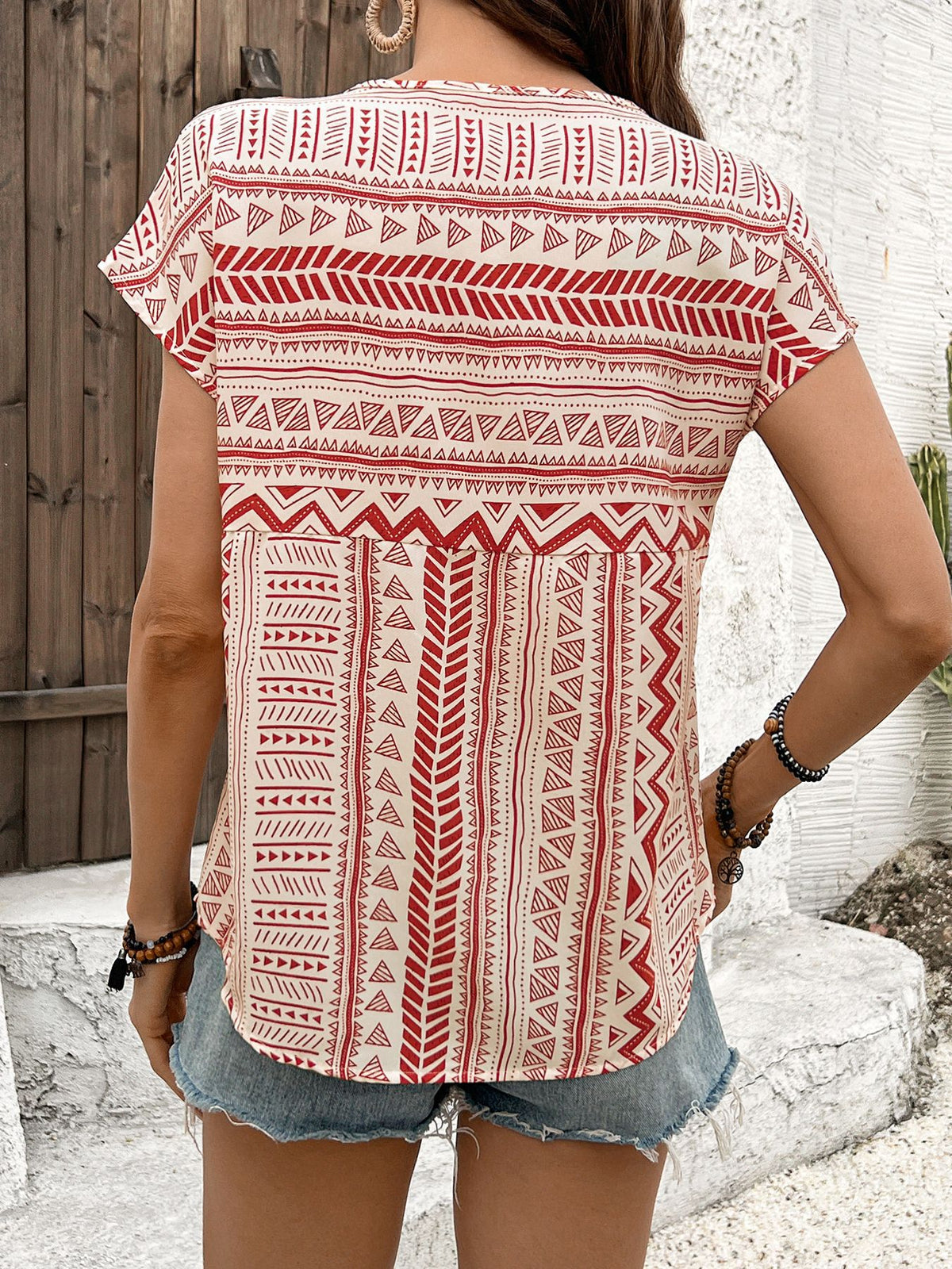 Southwestern Geometric Print Keyhole Neck Top - Red - 3