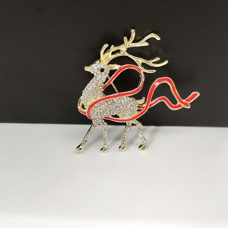 Rhinestone Deer Ribbon Brooch Pin - Color