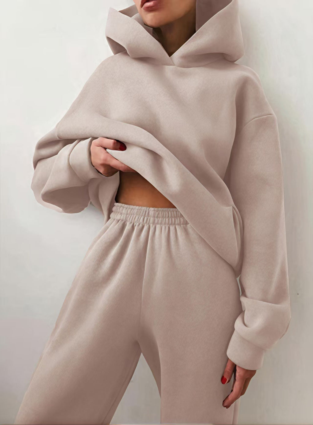 Oversized Fleece Hoodie Cuffed Jogger Athletic Set - Apricot