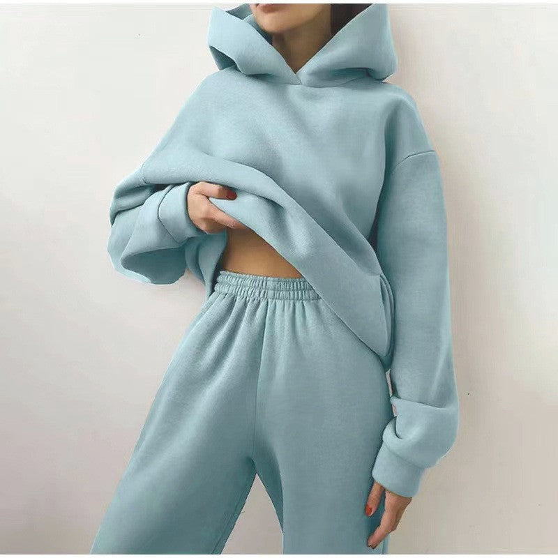 Oversized Fleece Hoodie Cuffed Jogger Athletic Set - Aqua