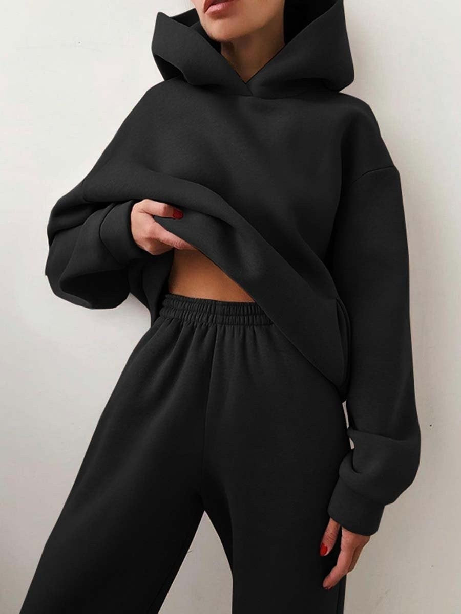 Oversized Fleece Hoodie Cuffed Jogger Athletic Set - Black