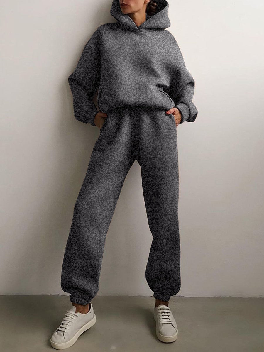 Oversized Fleece Hoodie Cuffed Jogger Athletic Set - Charcoal