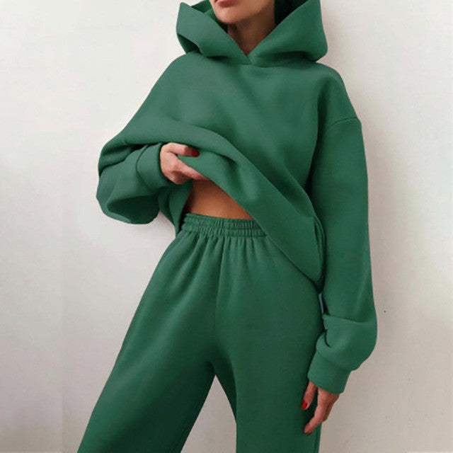 Oversized Fleece Hoodie Cuffed Jogger Athletic Set - Dark Green