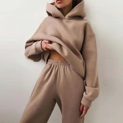 Oversized Fleece Hoodie Cuffed Jogger Athletic Set - Khaki
