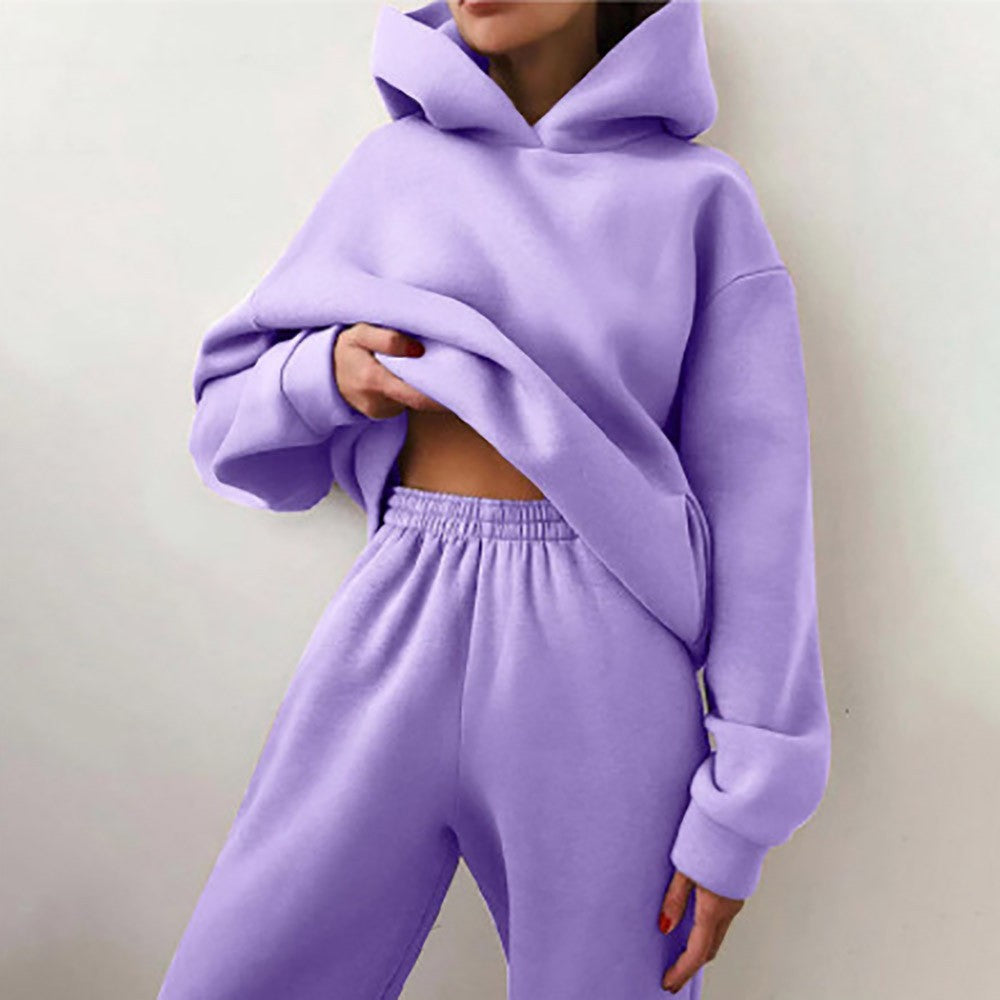 Oversized Fleece Hoodie Cuffed Jogger Athletic Set - Lavender