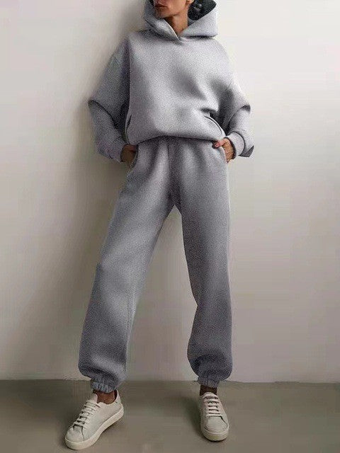 Oversized Fleece Hoodie Cuffed Jogger Athletic Set - Light Gray