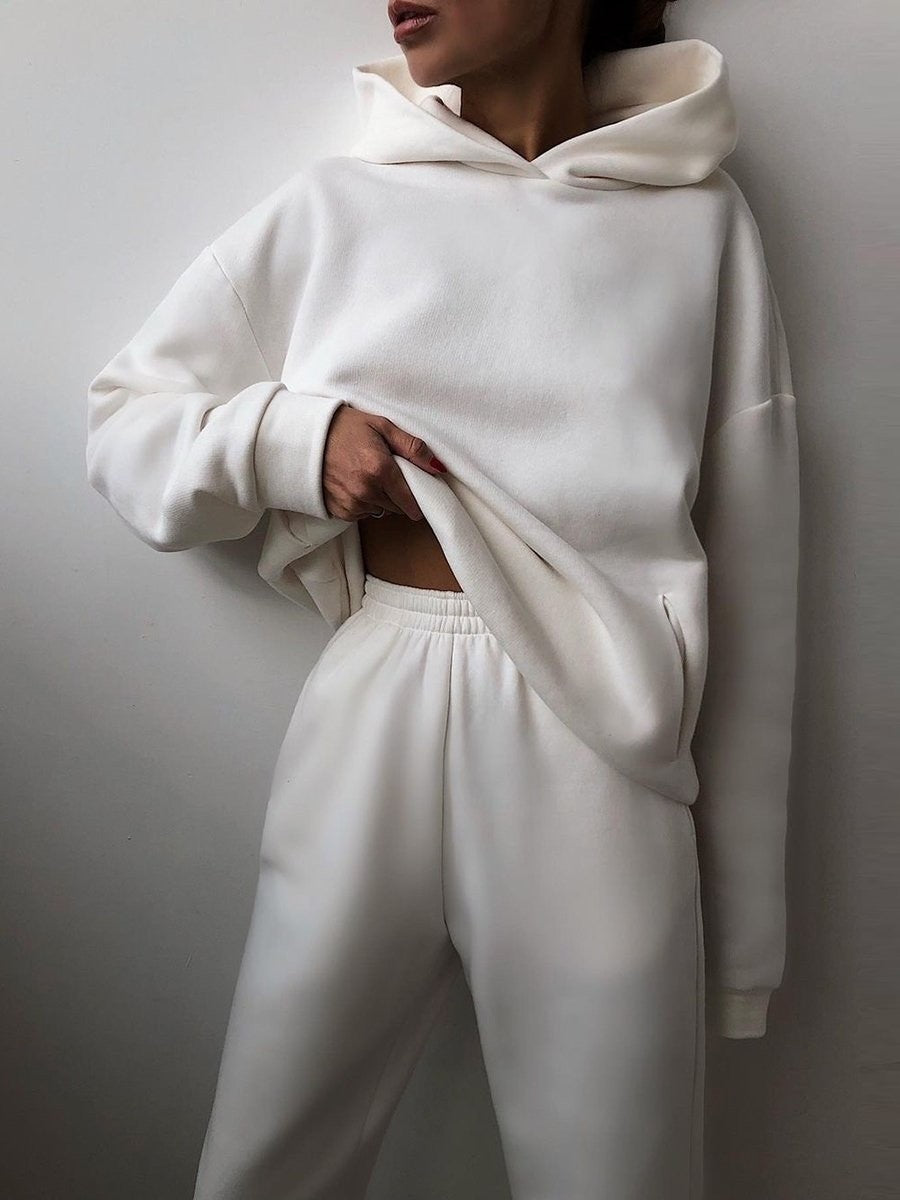 Oversized Fleece Hoodie Cuffed Jogger Athletic Set - Off White
