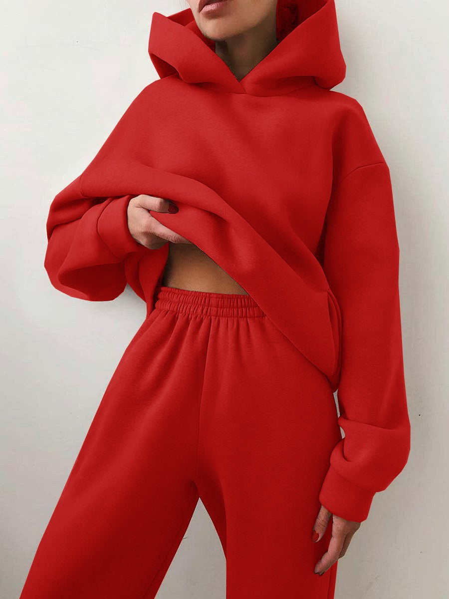 Oversized Fleece Hoodie Cuffed Jogger Athletic Set - Red