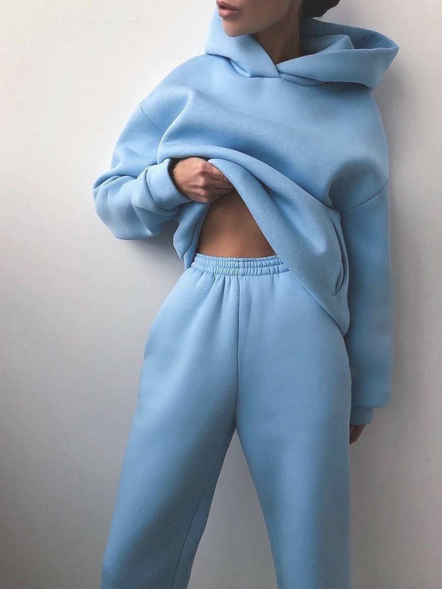 Oversized Fleece Hoodie Cuffed Jogger Athletic Set - Sky Blue