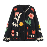 Floral Applique Collarless Button Front Jacket - Black