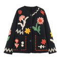 Floral Applique Collarless Button Front Jacket - Black