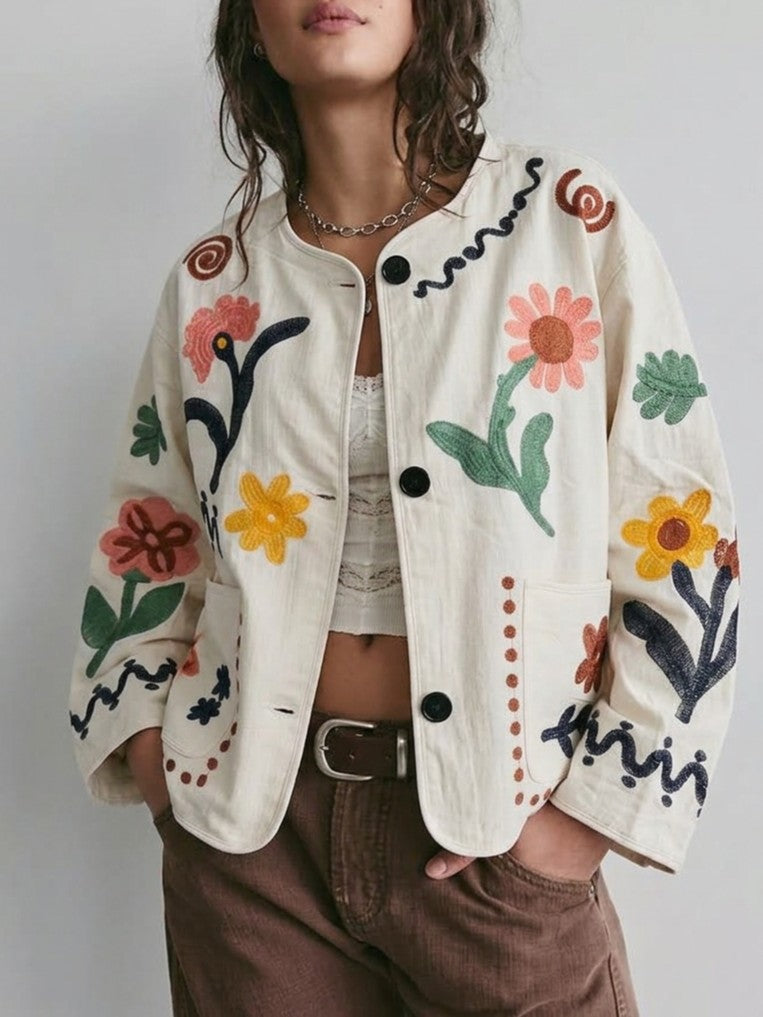 Floral Applique Collarless Button Front Jacket - White