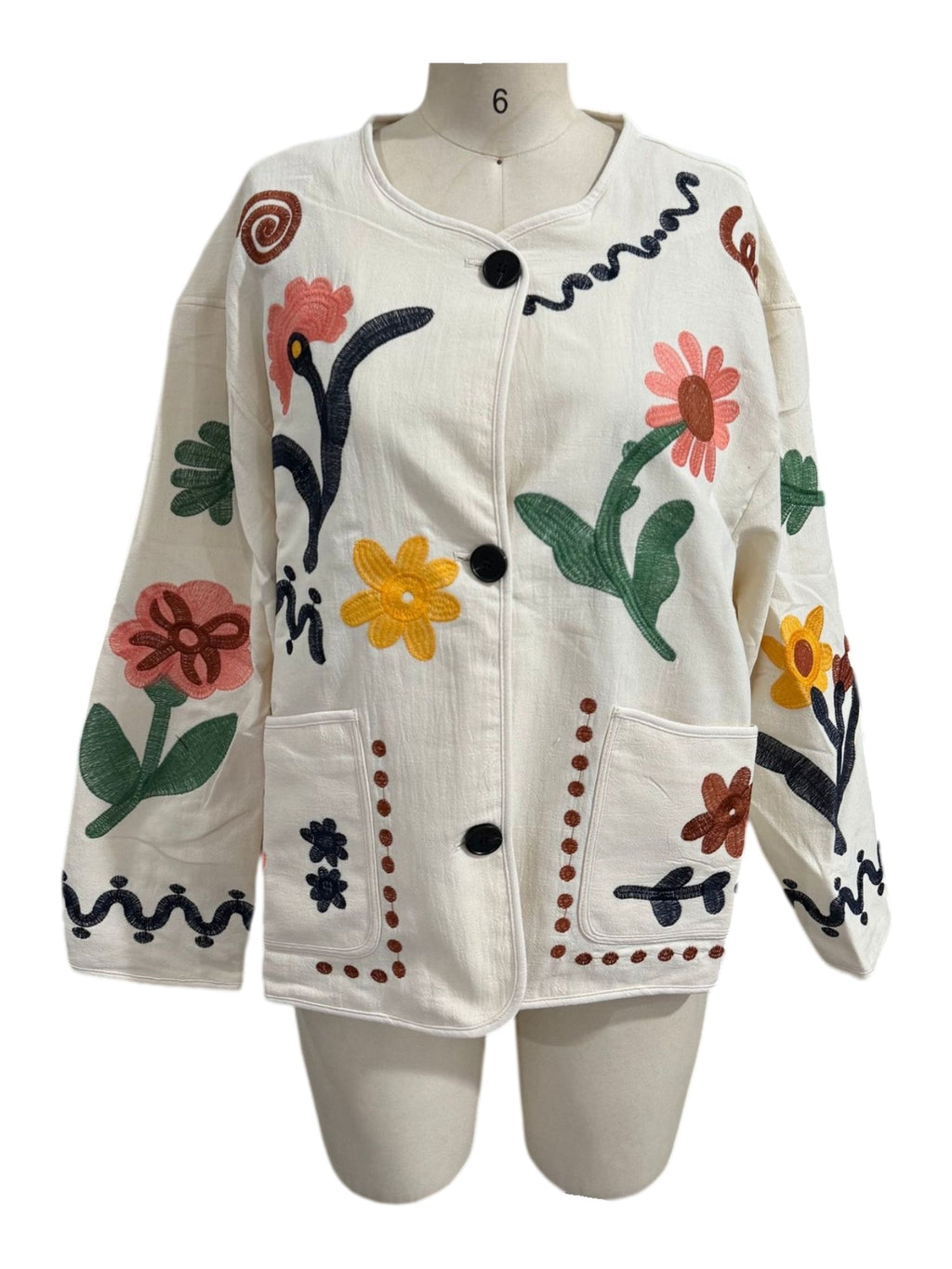 Floral Applique Collarless Button Front Jacket - White - 1