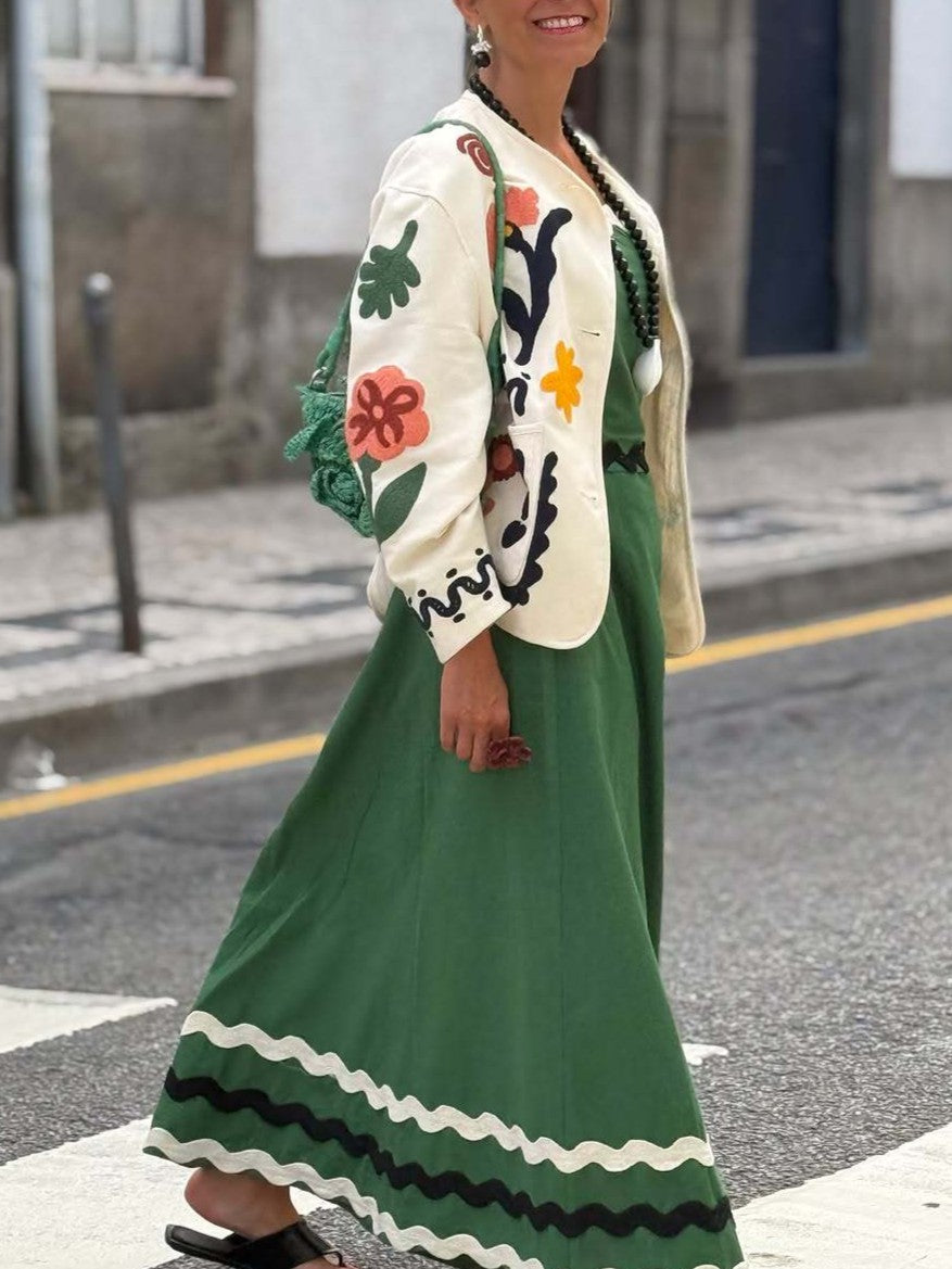Floral Applique Collarless Button Front Jacket - White - 2
