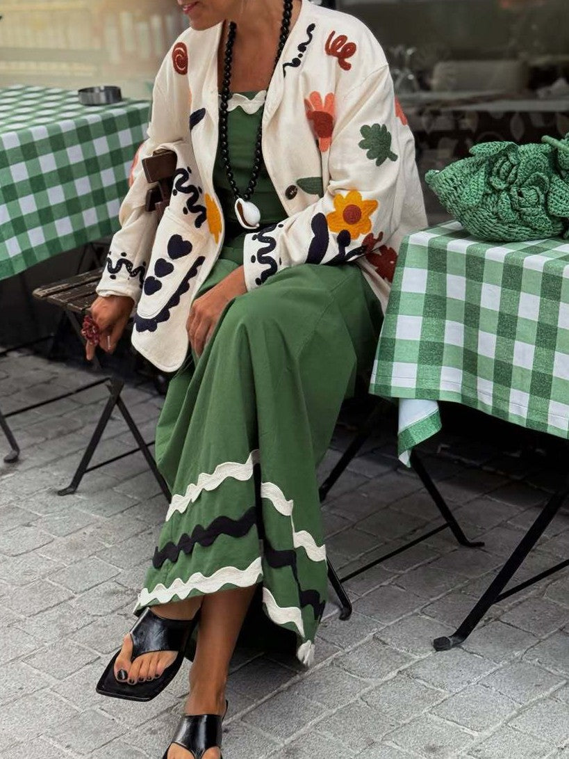 Floral Applique Collarless Button Front Jacket - White - 5