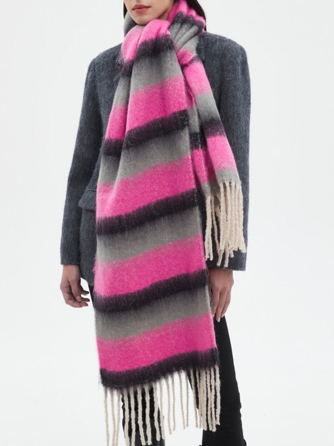 Wide Stripe Brushed Fringe Shawl Scarf - NO-1 - 2