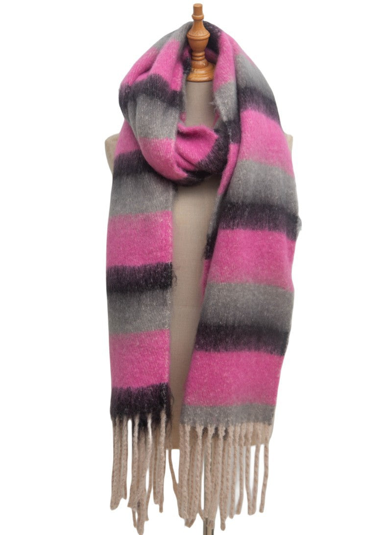 Wide Stripe Brushed Fringe Shawl Scarf - NO-1 - 3