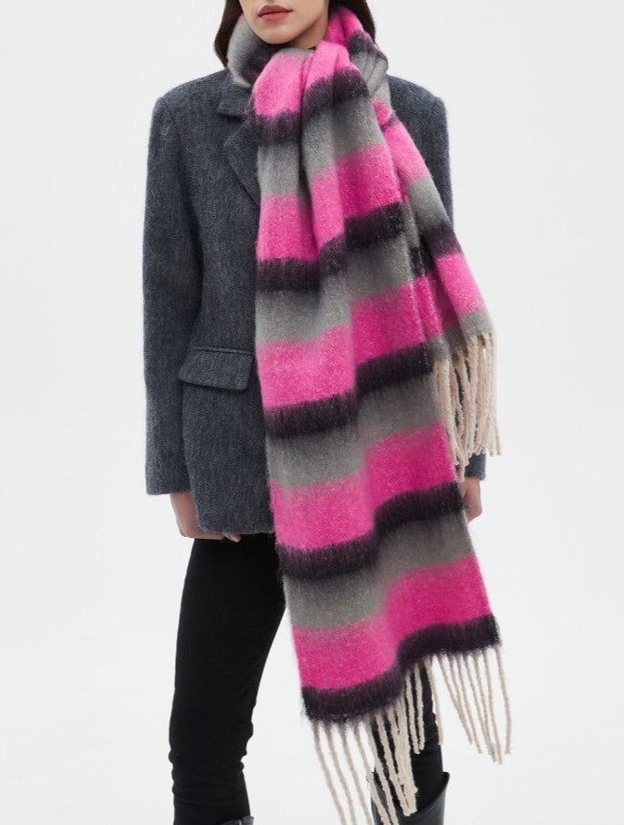 Wide Stripe Brushed Fringe Shawl Scarf - NO-1 - 6