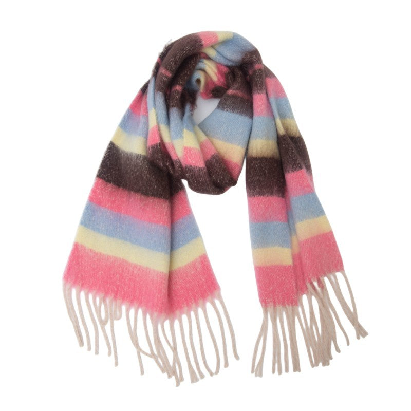Wide Stripe Brushed Fringe Shawl Scarf - NO-2