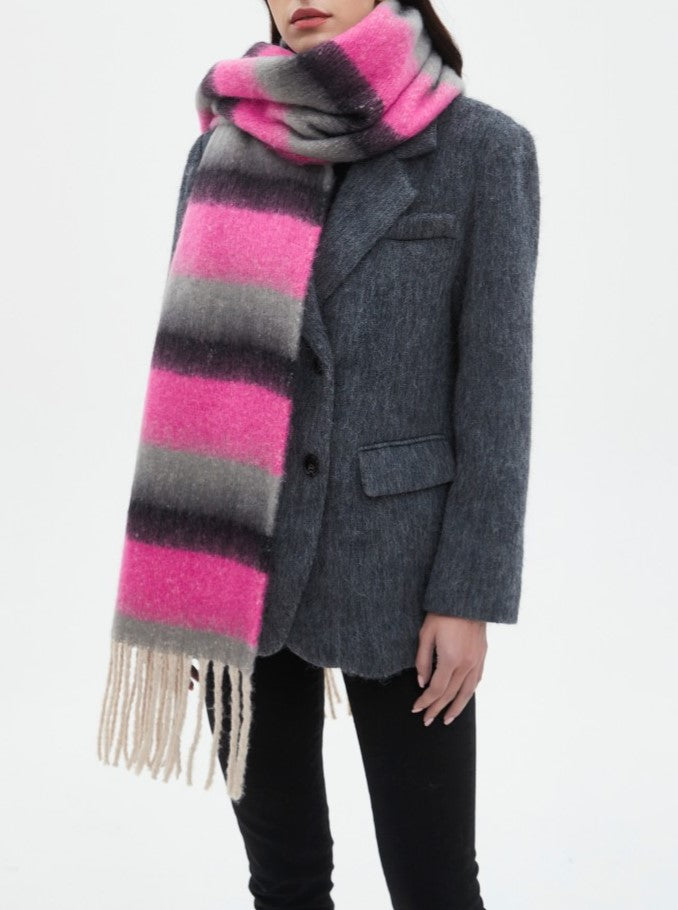Wide Stripe Brushed Fringe Shawl Scarf